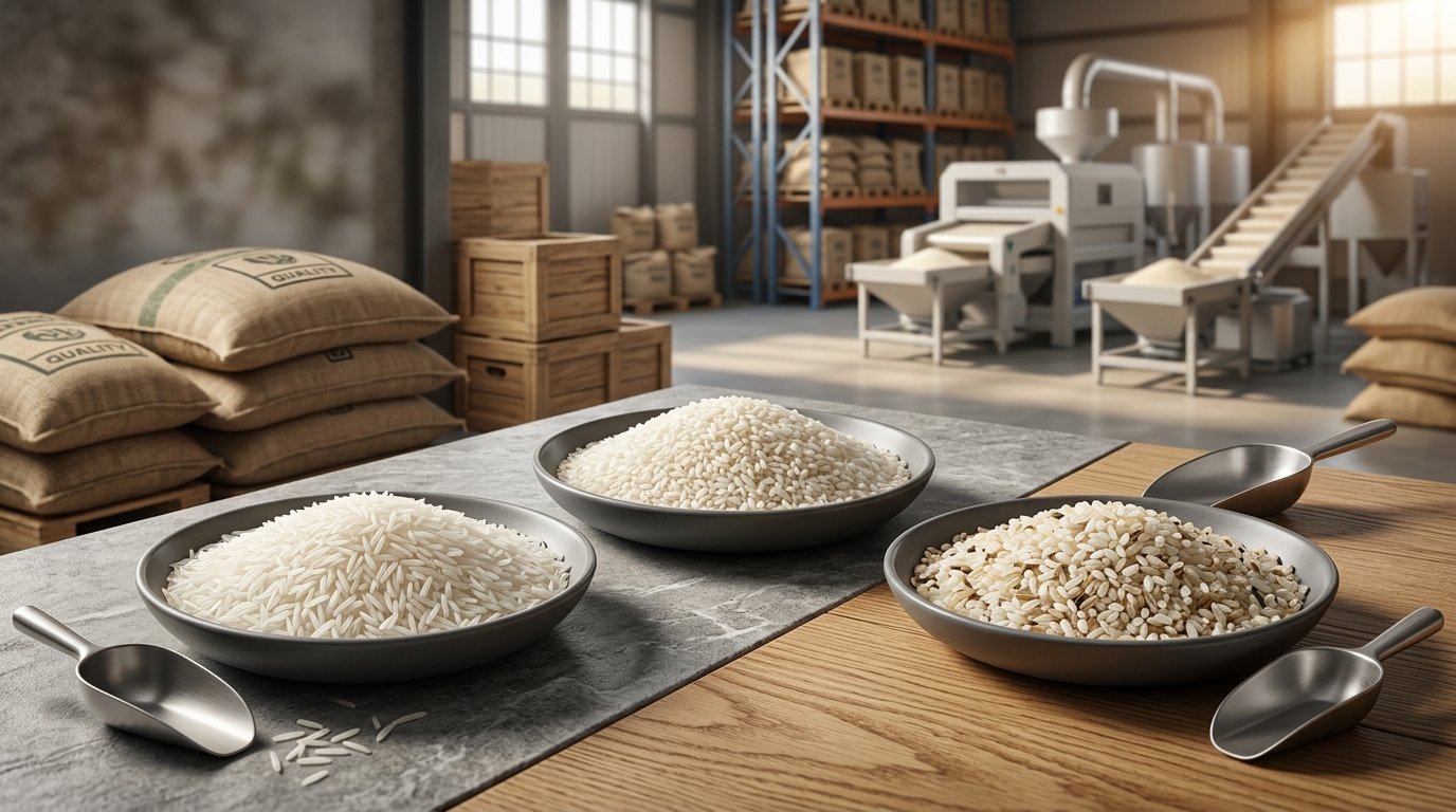 Rice quality grading comparison showing premium, medium, and economy tiers